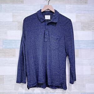 Billy Reid Pima Cotton Cashmere Jersey Polo Blue Striped Long Sleeve Mens Medium